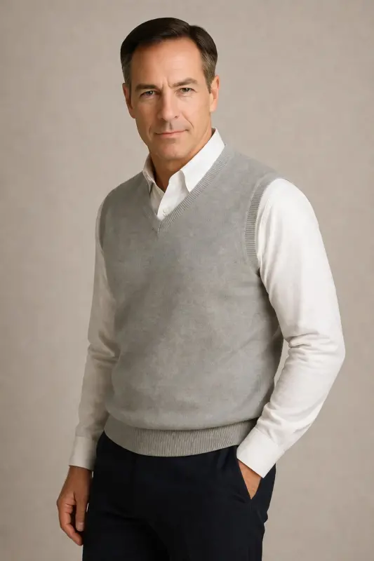 Winter V Neck Plain Thin Wool Grey Grandpa Sweater-GRAY - 3