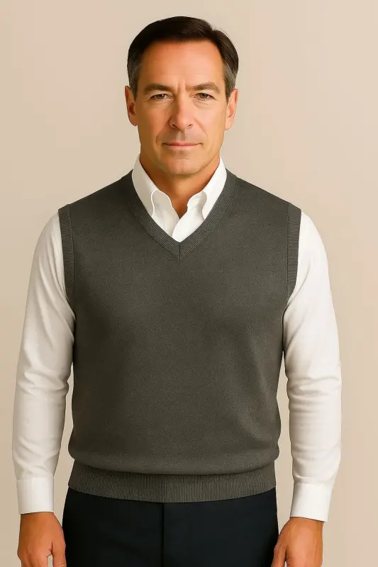 Winter V-Neck Plain Thin Wool Smoke Gray Grandpa Sweater-SMOKE GRAY - 1