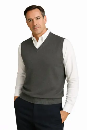 Winter V-Neck Plain Thin Wool Smoke Gray Grandpa Sweater-SMOKE GRAY - BURSPA (1)