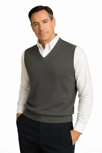 Winter V-Neck Plain Thin Wool Smoke Gray Grandpa Sweater-SMOKE GRAY - 3