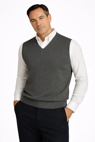 Winter V-Neck Plain Thin Wool Smoke Gray Grandpa Sweater-SMOKE GRAY 
