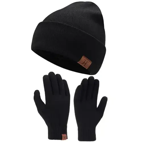 Winter Warm Beanie Hat Touchscreen Gloves Set, Soft Skull Cap Gloves Set for Men and Women with Warm Knit Fleece Lined - 2