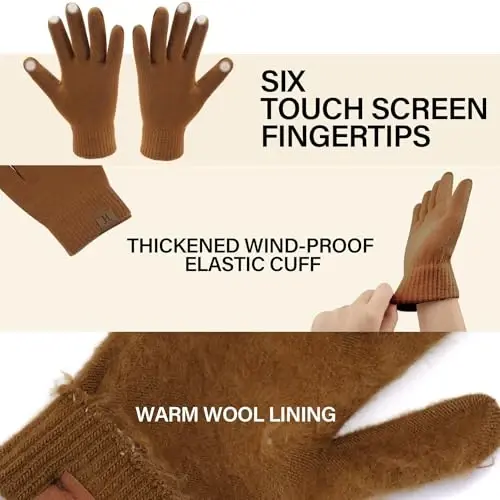 Winter Warm Beanie Hat Touchscreen Gloves Set, Soft Skull Cap Gloves Set for Men and Women with Warm Knit Fleece Lined - 4