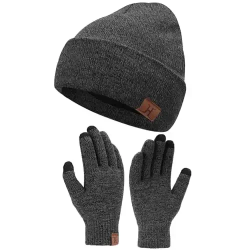 Winter Warm Beanie Hat Touchscreen Gloves Set, Soft Skull Cap Gloves Set for Men and Women with Warm Knit Fleece Lined - 1