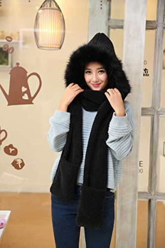 Winter Warm Women Hoodie Hat/Scarf/Gloves Set Soft Plush Thick Warm Hat - 3