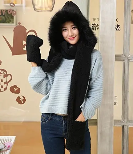 Winter Warm Women Siamese Hoodie Gloves Pocket Earflap Hat Long Scarf Shawl Wraps - Winter