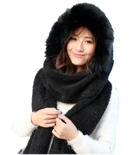 Winter Warm Women Siamese Hoodie Gloves Pocket Earflap Hat Long Scarf Shawl Wraps - 5