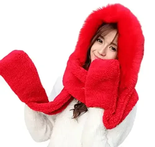 Winter Warm Women Siamese Hoodie Gloves Pocket Earflap Hat Long Scarf Shawl Wraps 