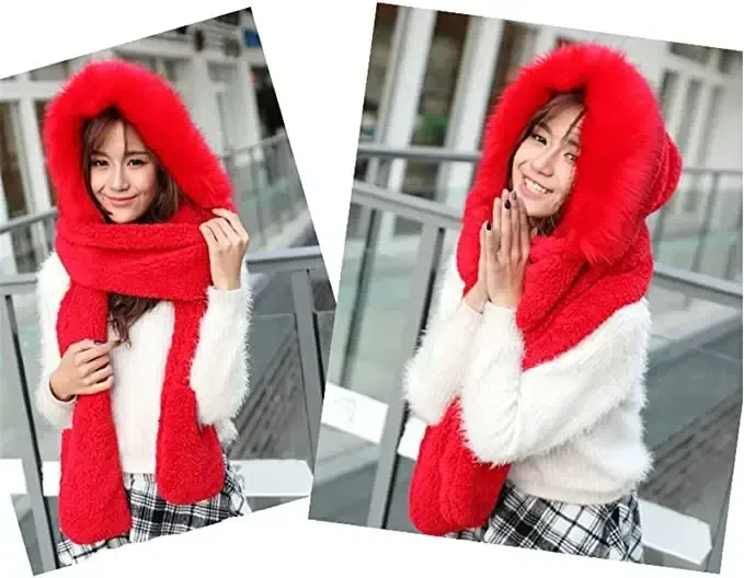 Winter Warm Women Siamese Hoodie Gloves Pocket Earflap Hat Long Scarf Shawl Wraps - 2