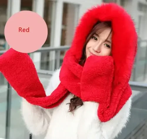 Winter Warm Women Siamese Hoodie Gloves Pocket Earflap Hat Long Scarf Shawl Wraps - 3