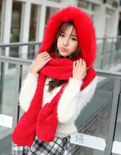 Winter Warm Women Siamese Hoodie Gloves Pocket Earflap Hat Long Scarf Shawl Wraps - 4