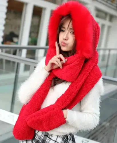 Winter Warm Women Siamese Hoodie Gloves Pocket Earflap Hat Long Scarf Shawl Wraps - 5