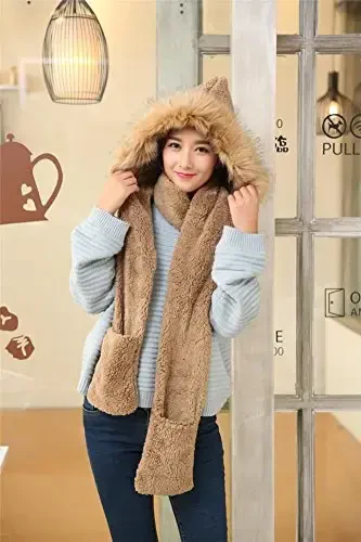 Winter Warm Women Siamese Hoodie Gloves Pocket Earflap Hat Long Scarf Shawl Wraps - 4