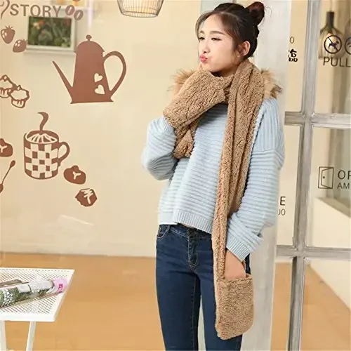Winter Warm Women Siamese Hoodie Gloves Pocket Earflap Hat Long Scarf Shawl Wraps - 6