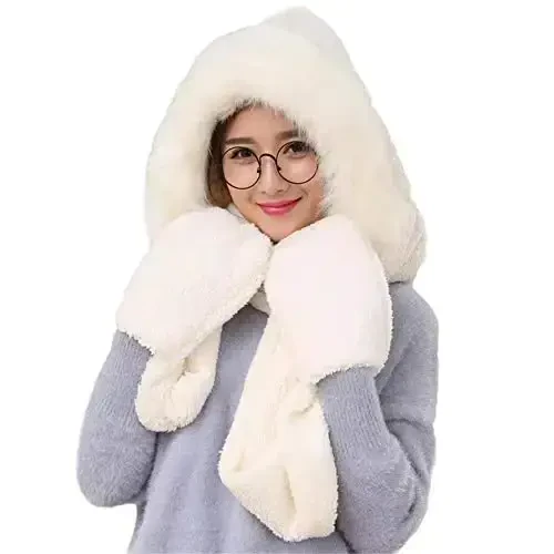 Winter Warm Women Siamese Hoodie Gloves Pocket Earflap Hat Long Scarf Shawl Wraps 