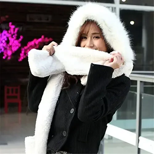 Winter Warm Women Siamese Hoodie Gloves Pocket Earflap Hat Long Scarf Shawl Wraps - 2