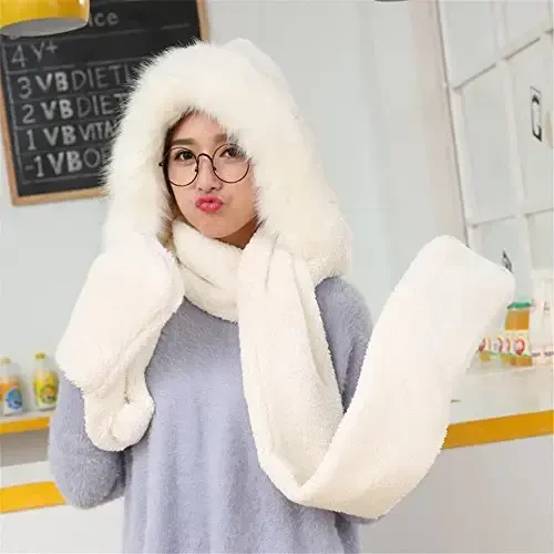 Winter Warm Women Siamese Hoodie Gloves Pocket Earflap Hat Long Scarf Shawl Wraps - 4