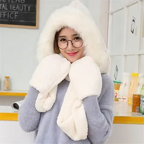 Winter Warm Women Siamese Hoodie Gloves Pocket Earflap Hat Long Scarf Shawl Wraps - 6