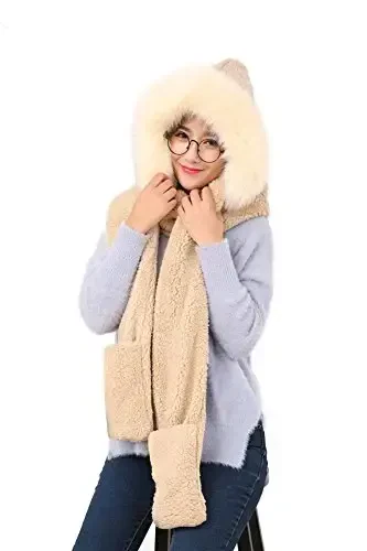 Winter Warm Women Siamese Hoodie Gloves Pocket Earflap Hat Long Scarf Shawl Wraps 