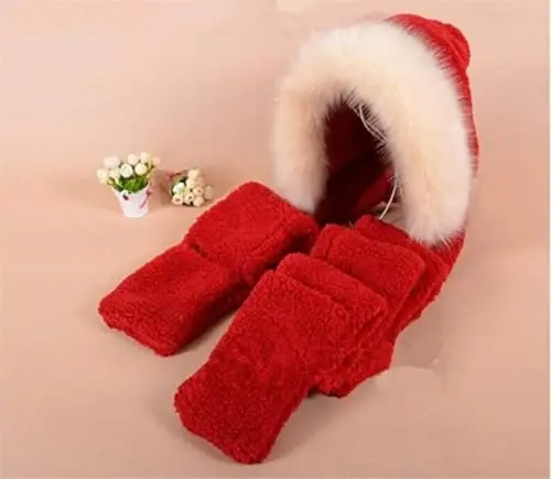 Winter Warm Women Siamese Hoodie Gloves Pocket Earflap Hat Long Scarf Shawl Wraps - 4