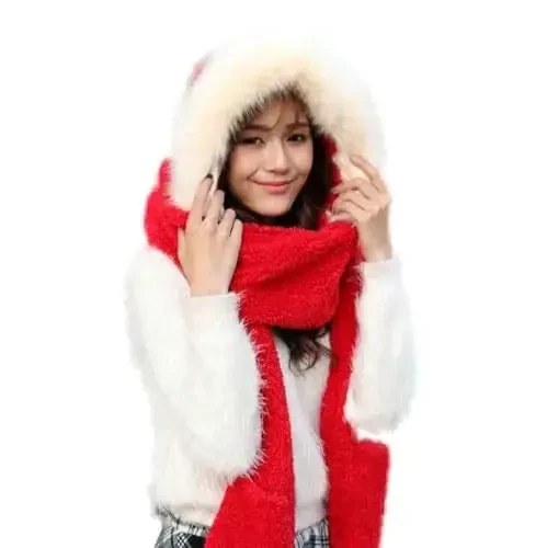 Winter Warm Women Siamese Hoodie Gloves Pocket Earflap Hat Long Scarf Shawl Wraps - Modazone
