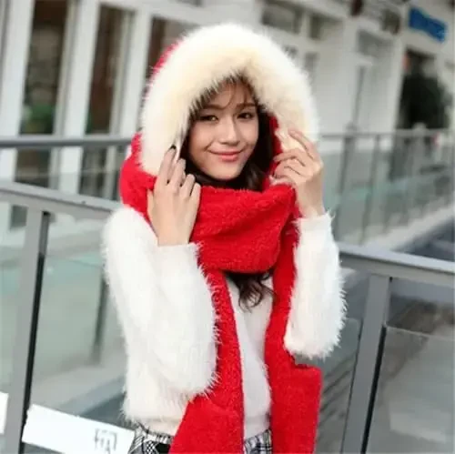 Winter Warm Women Siamese Hoodie Gloves Pocket Earflap Hat Long Scarf Shawl Wraps - 3