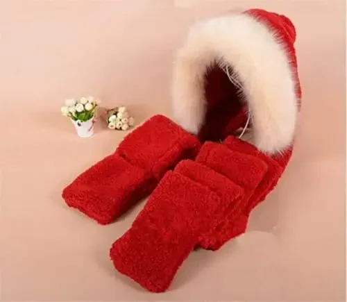 Winter Warm Women Siamese Hoodie Gloves Pocket Earflap Hat Long Scarf Shawl Wraps - 4