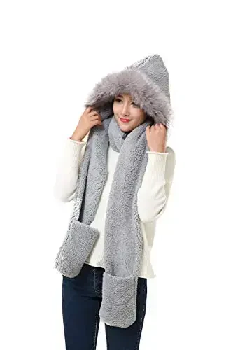 Winter Warm Women Siamese Hoodie Gloves Pocket Earflap Hat Long Scarf Shawl Wraps - 1