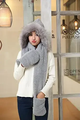 Winter Warm Women Siamese Hoodie Gloves Pocket Earflap Hat Long Scarf Shawl Wraps - 2