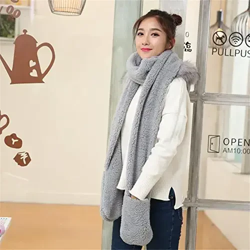 Winter Warm Women Siamese Hoodie Gloves Pocket Earflap Hat Long Scarf Shawl Wraps - 3