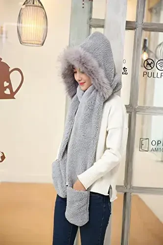 Winter Warm Women Siamese Hoodie Gloves Pocket Earflap Hat Long Scarf Shawl Wraps - 5
