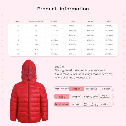 Winying Kids Teens Winter Coat Puffer Jacket Boys Girls Long Sleeve Hoodie Ultra Lightweight Down Coat - 14