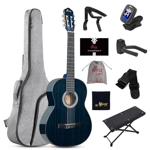 WINZZ 4/4 Classical Guitar, 39 Inch Full Size Nylon String Guitar for Beginner Adults, Full Classic Guitar Kit with Free Lessons, Gig Bag, Footstool, Capo, Tuner, Hanger and Strap (Glossy Blue) - WINZZ