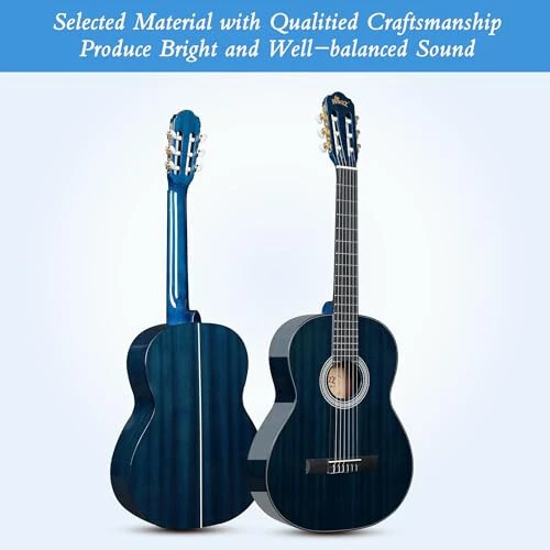 WINZZ 4/4 Classical Guitar, 39 Inch Full Size Nylon String Guitar for Beginner Adults, Full Classic Guitar Kit with Free Lessons, Gig Bag, Footstool, Capo, Tuner, Hanger and Strap (Glossy Blue) - 3