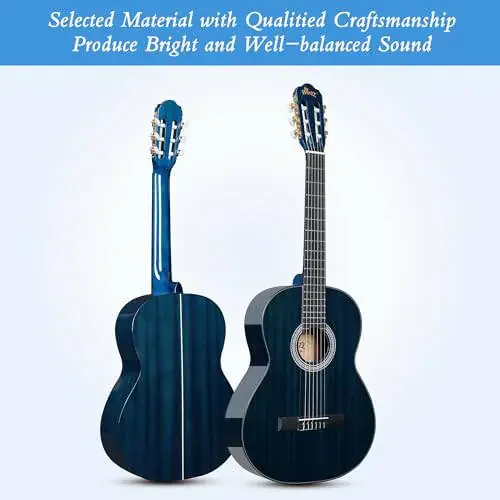 WINZZ 4/4 Classical Guitar, 39 Inch Full Size Nylon String Guitar for Beginner Adults, Full Classic Guitar Kit with Free Lessons, Gig Bag, Footstool, Capo, Tuner, Hanger and Strap (Glossy Blue) - 3