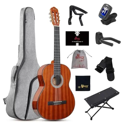 WINZZ 4/4 Classical Guitar, 39 Inch Full Size Nylon String Guitar for Beginner Adults, Full Classic Guitar Kit with Free Lessons, Gig Bag, Footstool, Capo, Tuner, Hanger and Strap (Glossy Brown) - 1