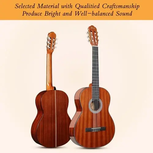WINZZ 4/4 Classical Guitar, 39 Inch Full Size Nylon String Guitar for Beginner Adults, Full Classic Guitar Kit with Free Lessons, Gig Bag, Footstool, Capo, Tuner, Hanger and Strap (Glossy Brown) - 3