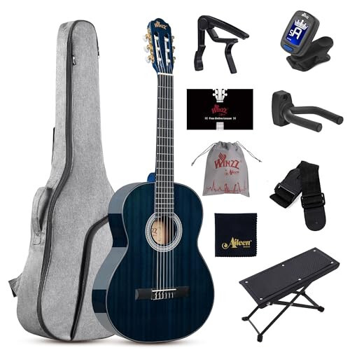 WINZZ 4/4 Klasik Gitar, 39 İnç Tam Boy Naylon Telli Gitar Yeni Başlayanlar ve Yetişkinler için, Ücretsiz Dersler, Gig Çantası, Ayaklık, Kapo, Tuner, Askı ve Kayış ile Tam Klasik Gitar Seti (Parlak Mavi) - 1