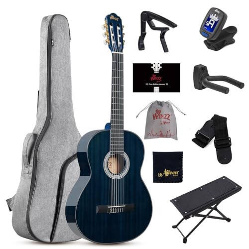 WINZZ 4/4 Klasik Gitar, 39 İnç Tam Boy Naylon Telli Gitar Yeni Başlayanlar ve Yetişkinler için, Ücretsiz Dersler, Gig Çantası, Ayaklık, Kapo, Tuner, Askı ve Kayış ile Tam Klasik Gitar Seti (Parlak Mavi) - 1