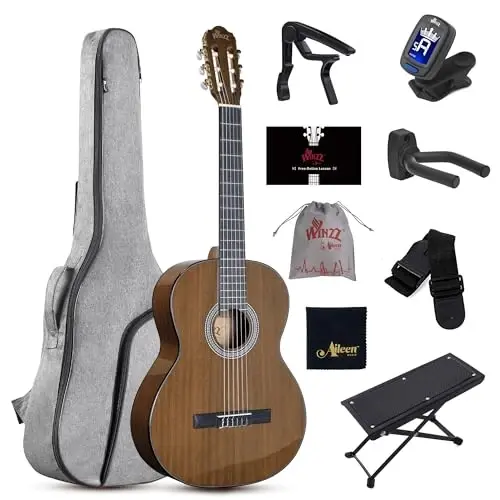WINZZ 4/4 Classical Guitar, 39 Inch Full Size Nylon String Guitar for Beginner Adults, Full Classic Guitar Kit with Free Lessons, Gig Bag, Footstool, Capo, Tuner, Hanger and Strap (Glossy Tan) - 1