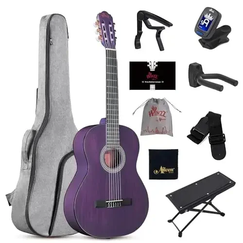 WINZZ 4/4 Classical Guitar, 39 Inch Full Size Nylon String Guitar for Beginner Adults, Full Classic Guitar Kit with Free Lessons, Gig Bag, Footstool, Capo, Tuner, Hanger and Strap (Glossy Purple) - WINZZ