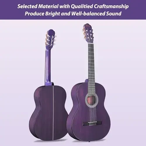 WINZZ 4/4 Classical Guitar, 39 Inch Full Size Nylon String Guitar for Beginner Adults, Full Classic Guitar Kit with Free Lessons, Gig Bag, Footstool, Capo, Tuner, Hanger and Strap (Glossy Purple) - 3