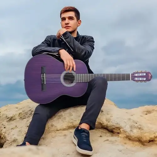 WINZZ 4/4 Classical Guitar, 39 Inch Full Size Nylon String Guitar for Beginner Adults, Full Classic Guitar Kit with Free Lessons, Gig Bag, Footstool, Capo, Tuner, Hanger and Strap (Glossy Purple) - WINZZ (1)