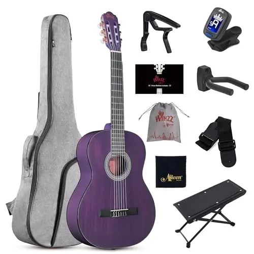 WINZZ 4/4 Klassik Gitarasi, 39 dyuymli to'liq o'lchamli neylon torli gitar, boshlovchi kattalar uchun, bepul darslar bilan to'liq klassik gitar to'plami, Gig Bag, oyoqcha, Kapo, Tuner, Ilgak va Tasma (Yaltiroq binafsha) 