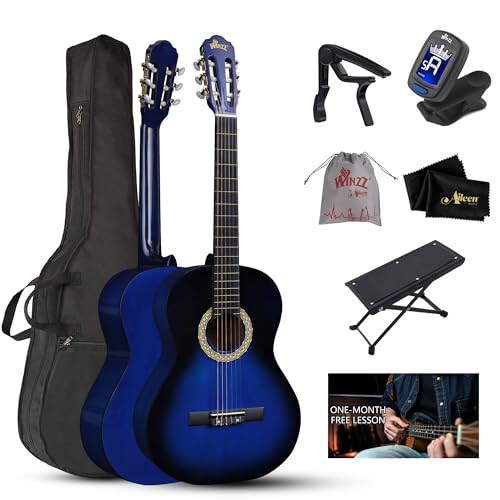 WINZZ AC00LH 39 inç Tam Boy Klasik Gitar Başlangıç Akustik Naylon Telleriyle Tüm Set, Mavi Patine - 1