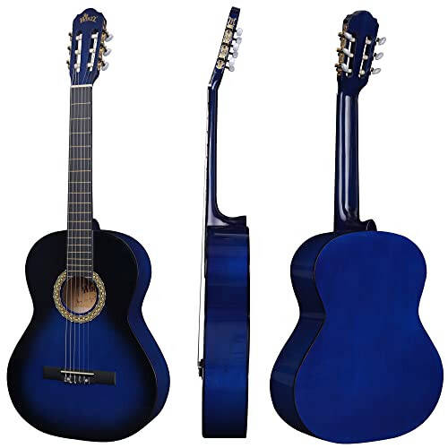 WINZZ AC00LH 39 inç Tam Boy Klasik Gitar Başlangıç Akustik Naylon Telleriyle Tüm Set, Mavi Patine - 4