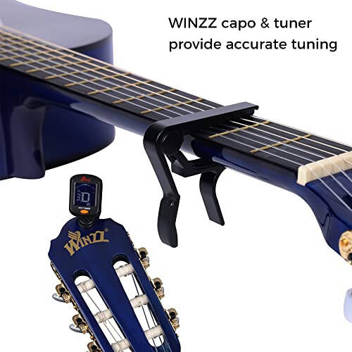 WINZZ AC00LH 39 inç Tam Boy Klasik Gitar Başlangıç Akustik Naylon Telleriyle Tüm Set, Mavi Patine - 5