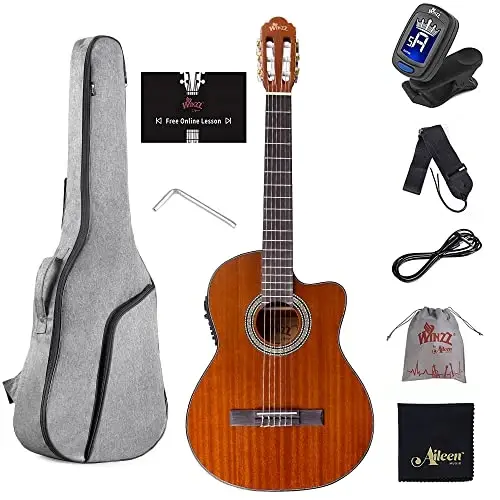 WINZZ AC309CE 39 Inches Cutaway Nylon-string Classical Electric Guitar Build-in Pickup Kit Set Online Lessons - 1
