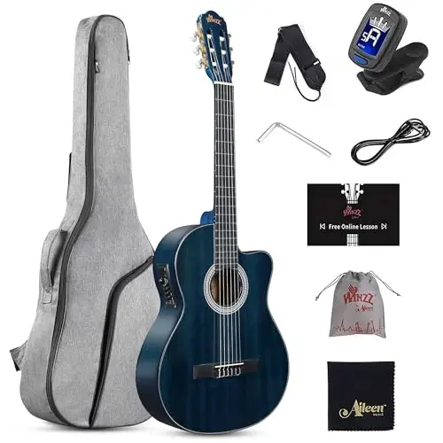 WINZZ AC309CE 39 Inches Cutaway Nylon-string Classical Electric Guitar Build-in Pickup Kit Set Online Lessons, Blue - WINZZ