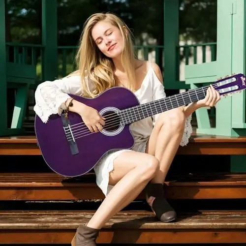 WINZZ AC309CE 39 Inches Cutaway Nylon-string Classical Electric Guitar Build-in Pickup Kit Set Online Lessons, Glossy Purple - 2